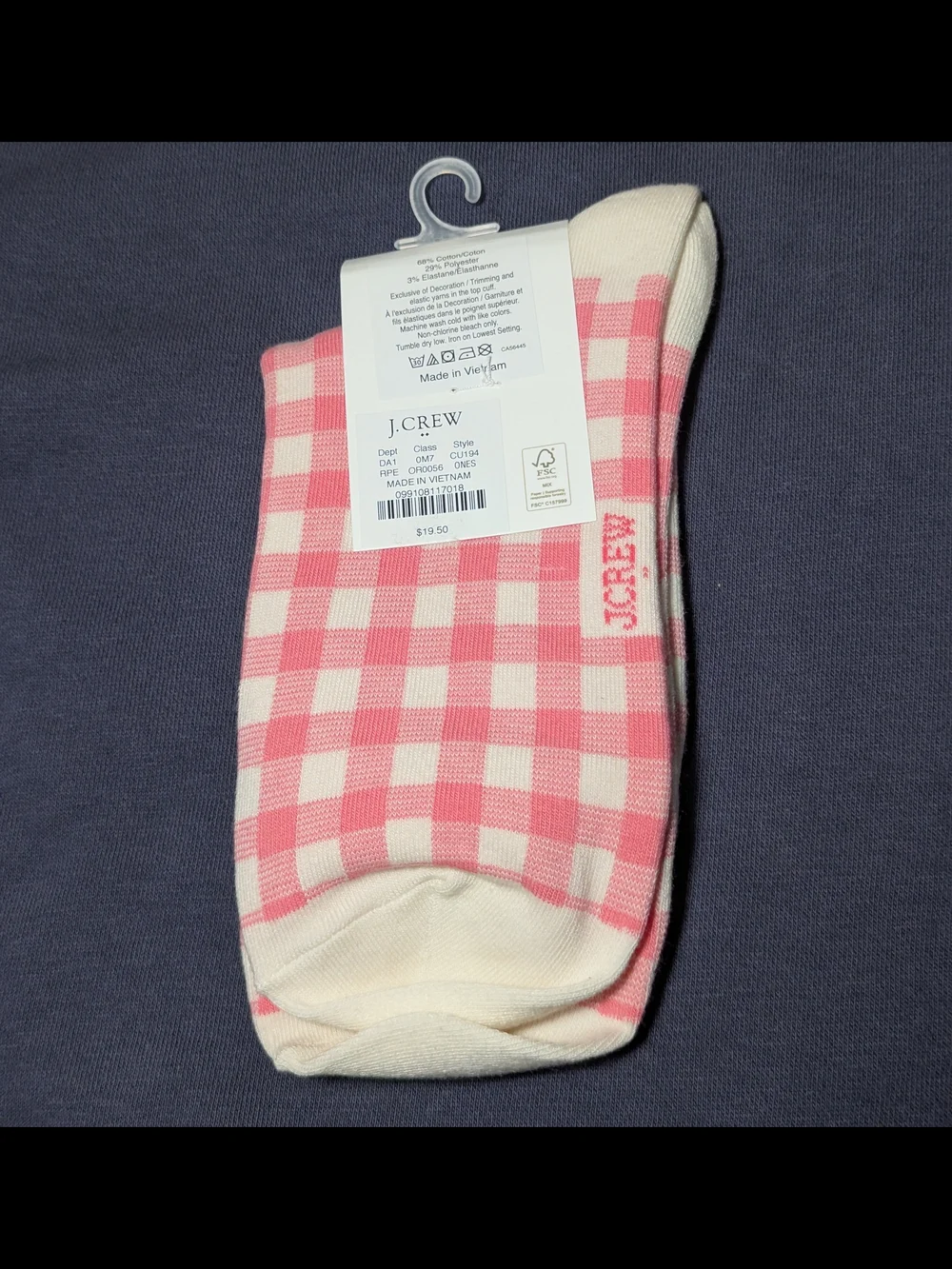 NWT J. Crew Embroidered Palm Tree Gingham Boot Socks One Size (Pink White)